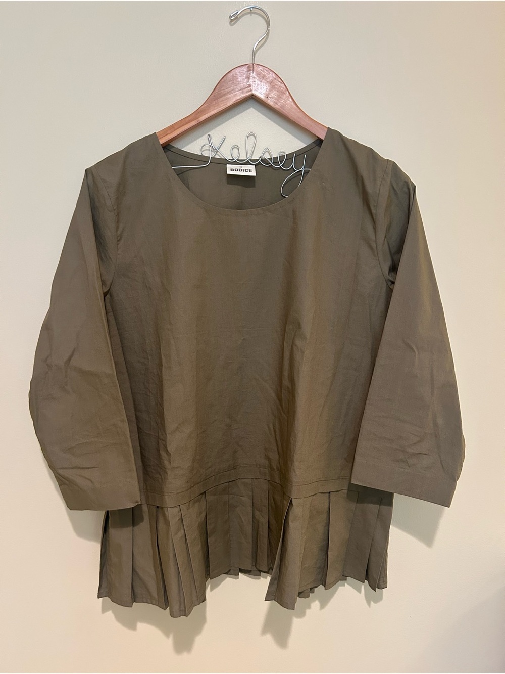 BODICE Olive Green Pleated Hem Long Sleeve Top Size Medium